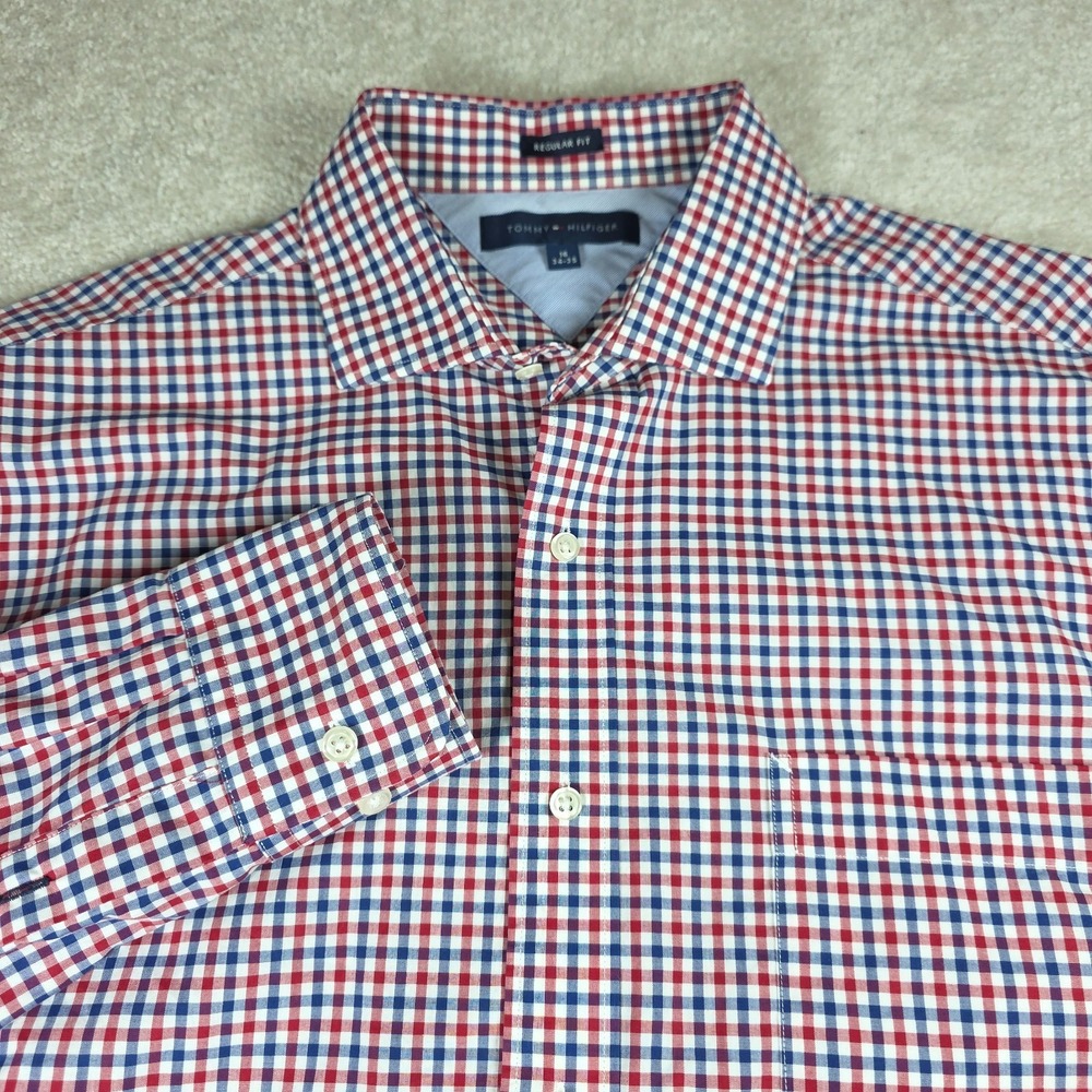 Tommy Hilfiger Dress Shirt Mens 16 (34/35) Red Blue Checked Regular Fit Outdoor‎